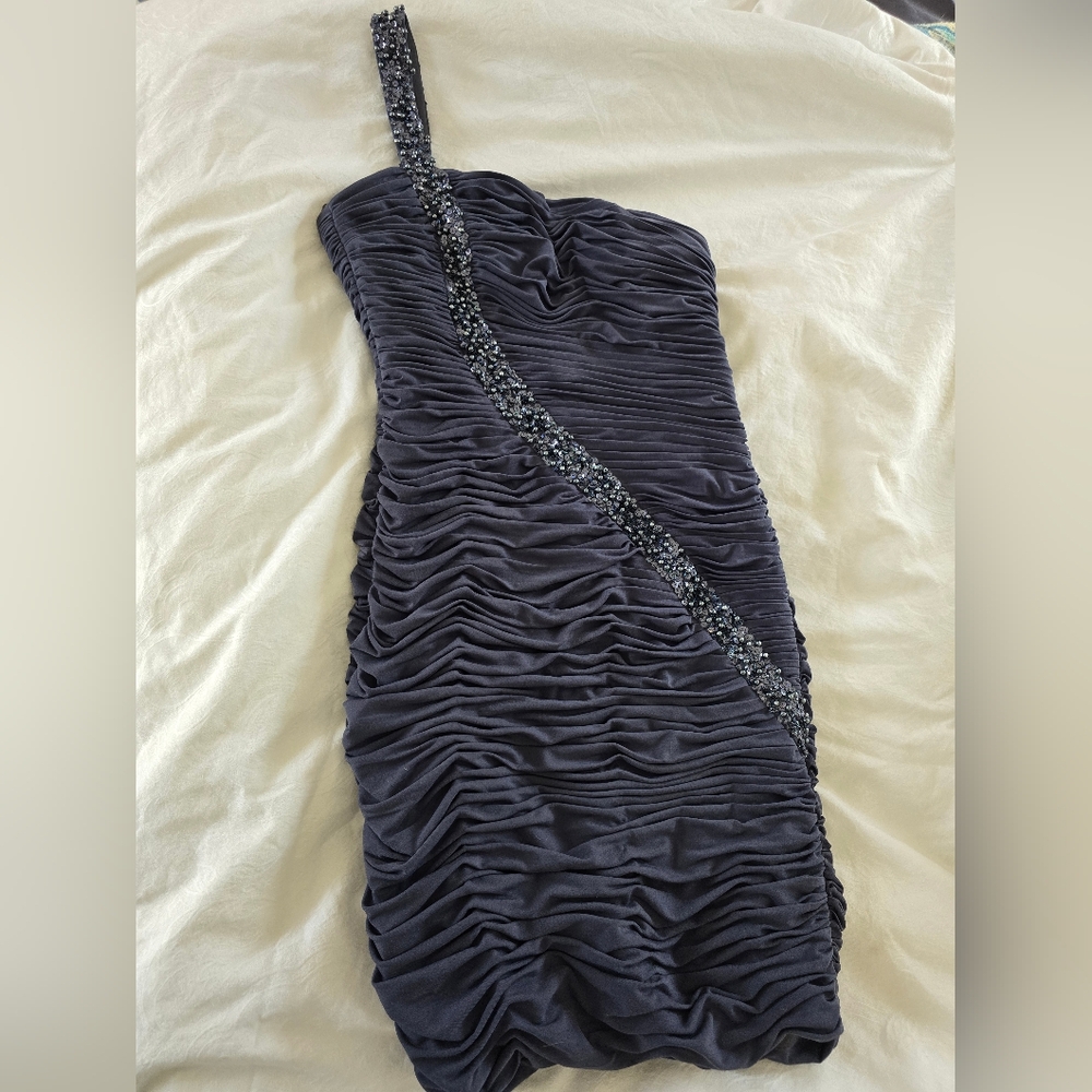Stunning Gray Beaded One Strap Evening Short Dress